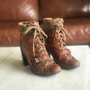Brown Leather Lace Up Boot Heels Booties Boho 8
